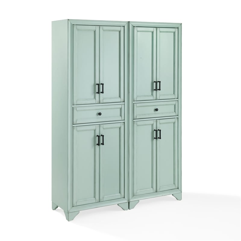 Crosley Furniture Tara 2Pc Kitchen Storage Pantry Set in Distressed Seafoam Blue