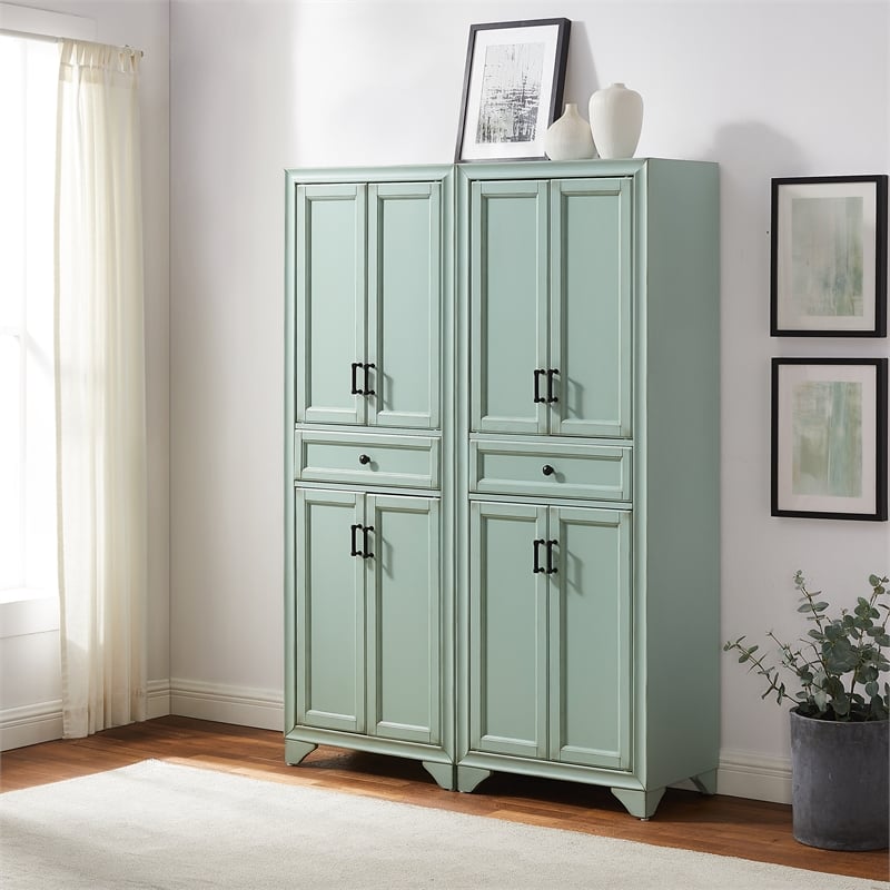 Crosley Furniture Tara 2Pc Kitchen Storage Pantry Set in Distressed Seafoam Blue