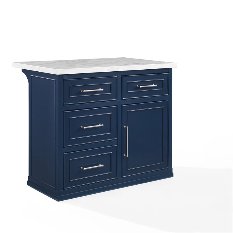 Crosley Furniture Cutler Faux Marble Top Kitchen Island in Navy/White Marble
