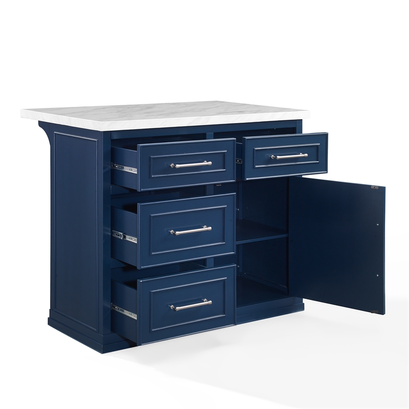 Crosley Furniture Cutler Faux Marble Top Kitchen Island in Navy/White Marble