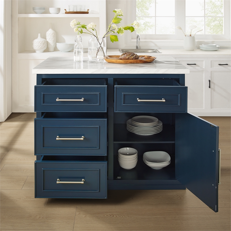 Crosley Furniture Cutler Faux Marble Top Kitchen Island in Navy/White Marble