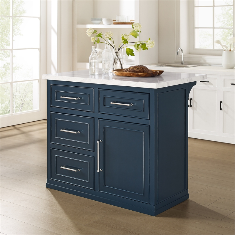Crosley Furniture Cutler Faux Marble Top Kitchen Island in Navy/White Marble