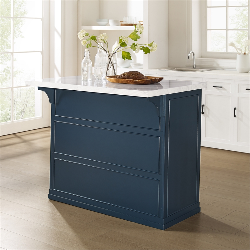 Crosley Furniture Cutler Faux Marble Top Kitchen Island in Navy/White Marble