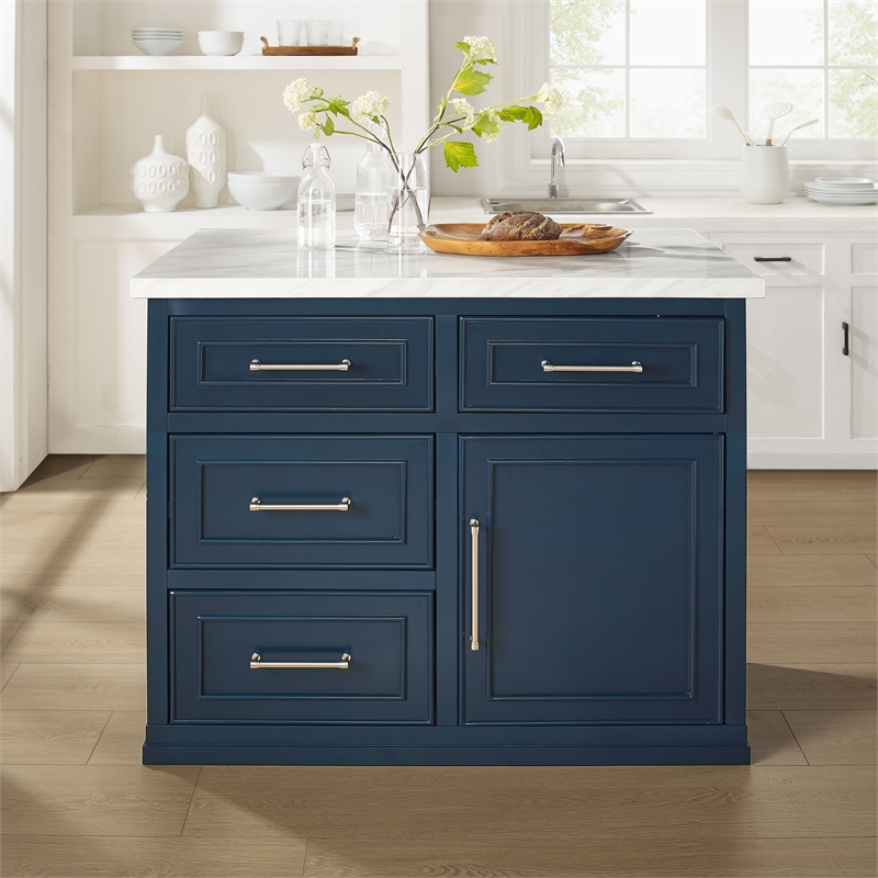 Crosley Furniture Cutler Faux Marble Top Kitchen Island in Navy/White Marble