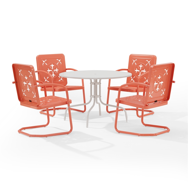 Crosley Furniture Azalea 5Pc Round Retro Outdoor Dining Set in Coral/White Satin