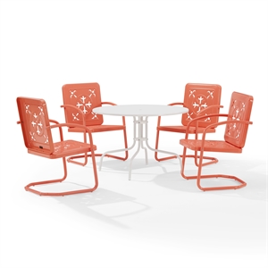 Crosley Furniture Azalea 5Pc Round Retro Outdoor Dining Set in Coral/White Satin
