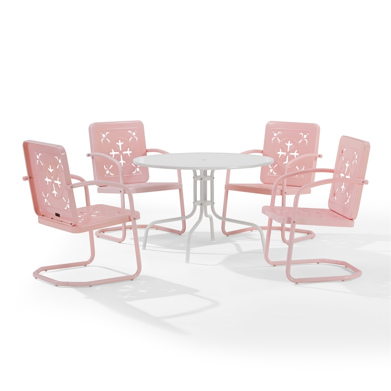 Crosley Furniture Azalea 5Pc Round Retro Outdoor Dining Set in Pink Gloss/White