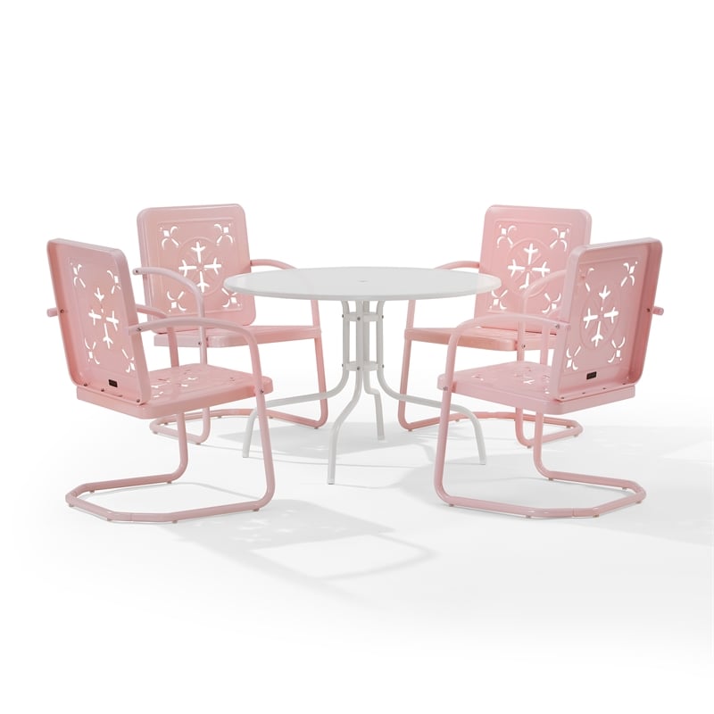 Crosley Furniture Azalea 5Pc Round Retro Outdoor Dining Set in Pink Gloss/White