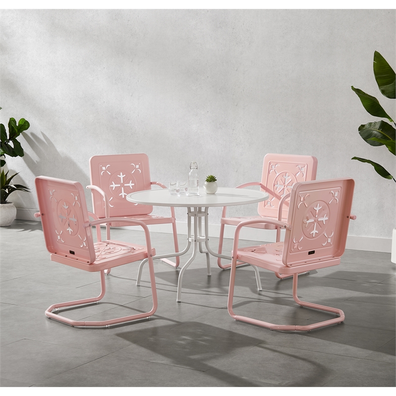 Crosley Furniture Azalea 5Pc Round Retro Outdoor Dining Set in Pink Gloss/White