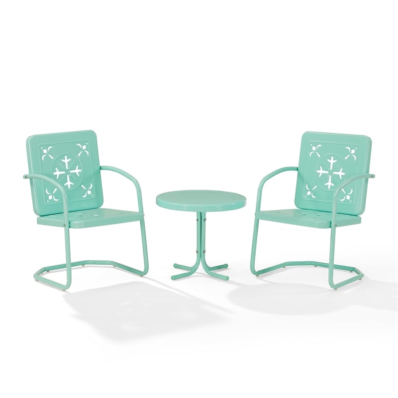 Crosley Furniture Azalea 3Pc Retro Outdoor 2 Chair & Table Set in Aqua Gloss