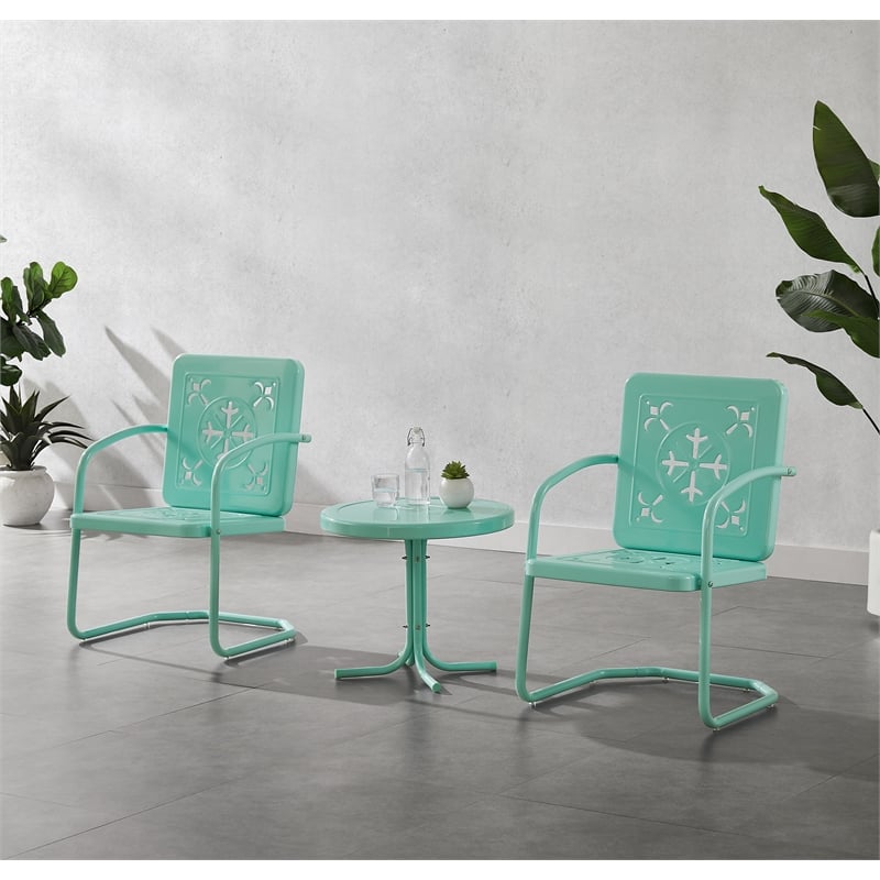 Crosley Furniture Azalea 3Pc Retro Outdoor 2 Chair & Table Set in Aqua Gloss