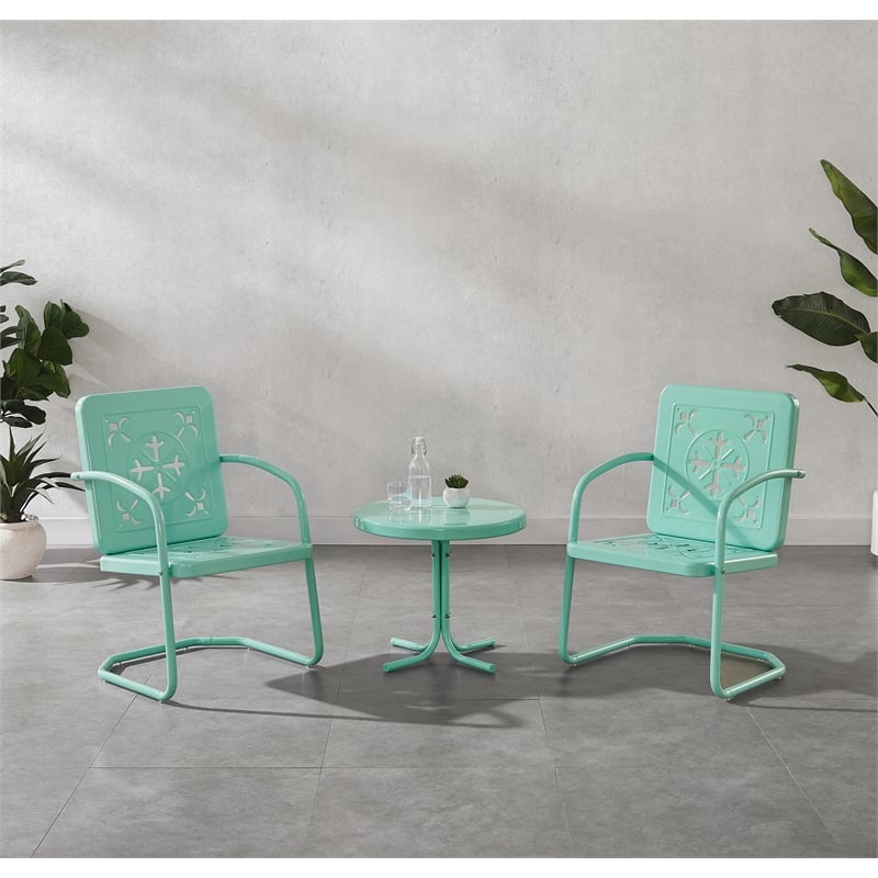 Crosley Furniture Azalea 3Pc Retro Outdoor 2 Chair & Table Set in Aqua Gloss