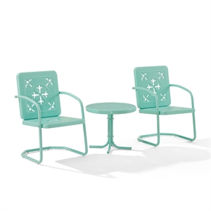 Crosley Furniture Azalea 3Pc Retro Outdoor 2 Chair & Table Set in Aqua Gloss