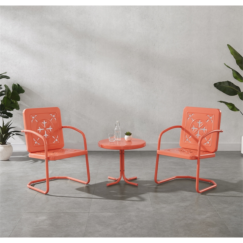 Crosley Furniture Azalea 3Pc Retro Outdoor 2 Chair & Table Set in Coral Gloss
