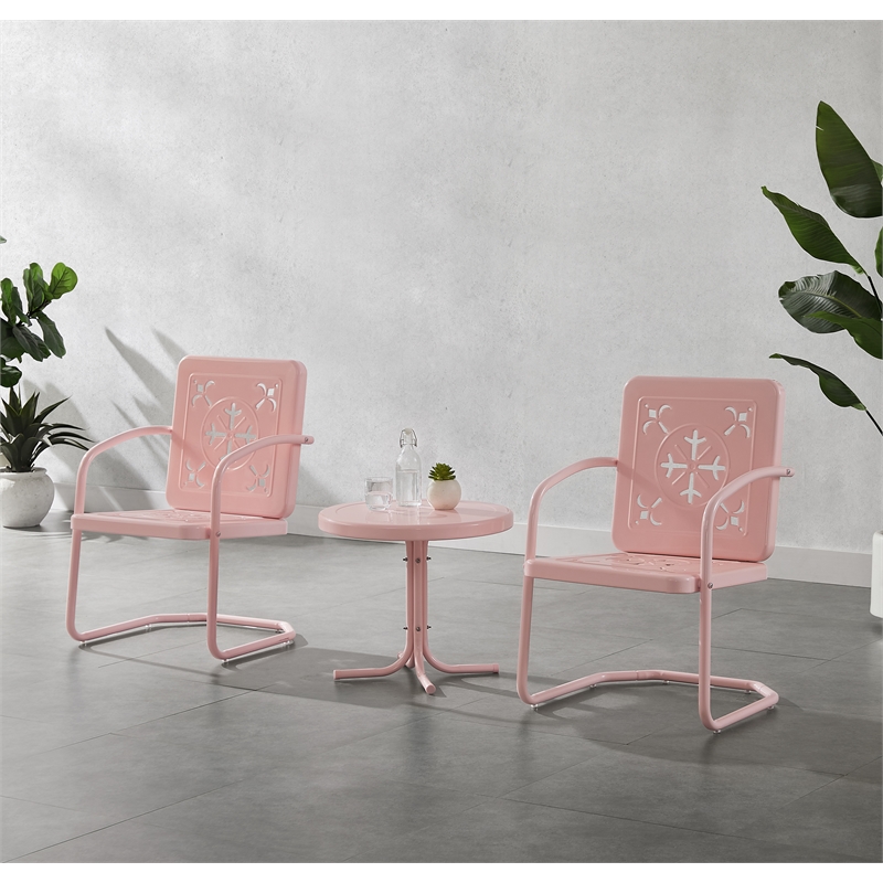 Crosley Furniture Azalea 3Pc Retro Outdoor 2 Chair & Table Set in Pink Gloss