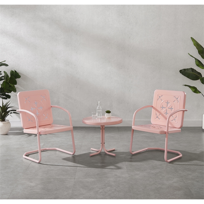 Crosley Furniture Azalea 3Pc Retro Outdoor 2 Chair & Table Set in Pink Gloss