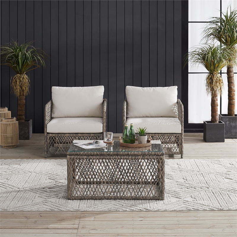 Crosley Furniture Granite Bay 3Pc Outdoor Coffee Table & Chair Set Creme/Stone
