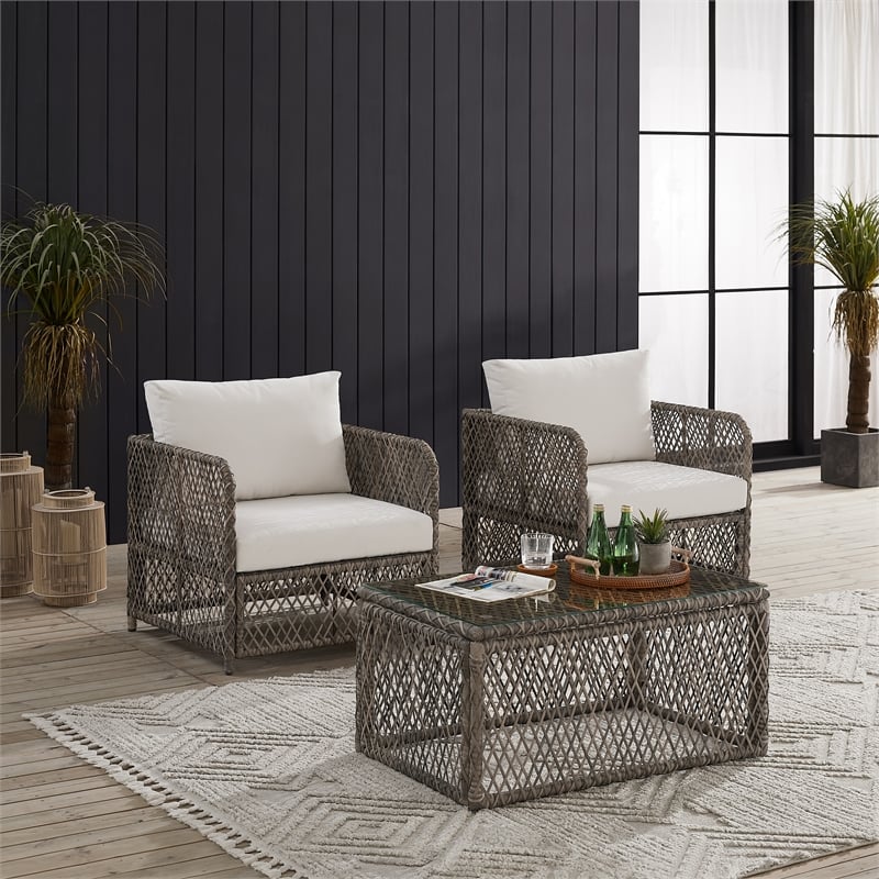 Crosley Furniture Granite Bay 3Pc Outdoor Coffee Table & Chair Set Creme/Stone
