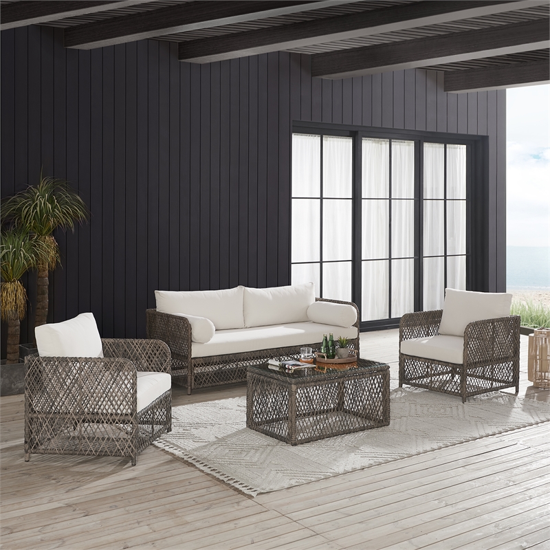 Crosley Furniture Granite Bay 4Pc Wicker Outdoor Sofa Furniture Set Creme/Stone