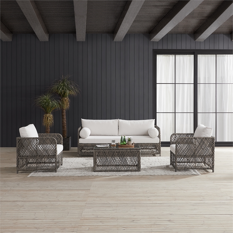 Crosley Furniture Granite Bay 4Pc Wicker Outdoor Sofa Furniture Set Creme/Stone
