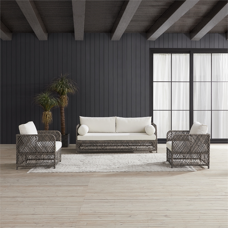 Crosley Furniture Granite Bay 3Pc Wicker Outdoor Sofa Furniture Set Creme/Stone