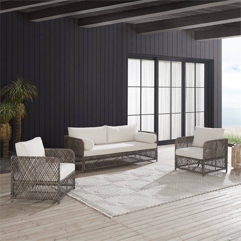 Crosley Furniture Granite Bay 3Pc Wicker Outdoor Sofa Furniture Set Creme/Stone