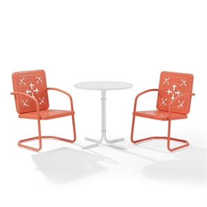 Crosley Furniture Azalea 3Pc Retro Outdoor Bistro Set in Coral Gloss/White Satin