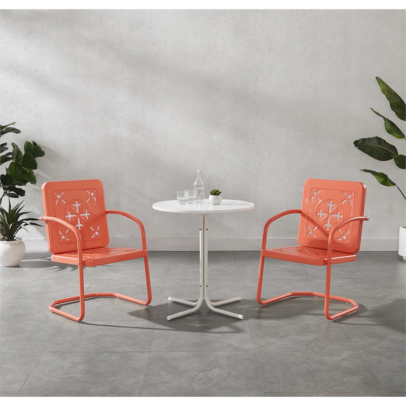 Crosley Furniture Azalea 3Pc Retro Outdoor Bistro Set in Coral Gloss/White Satin