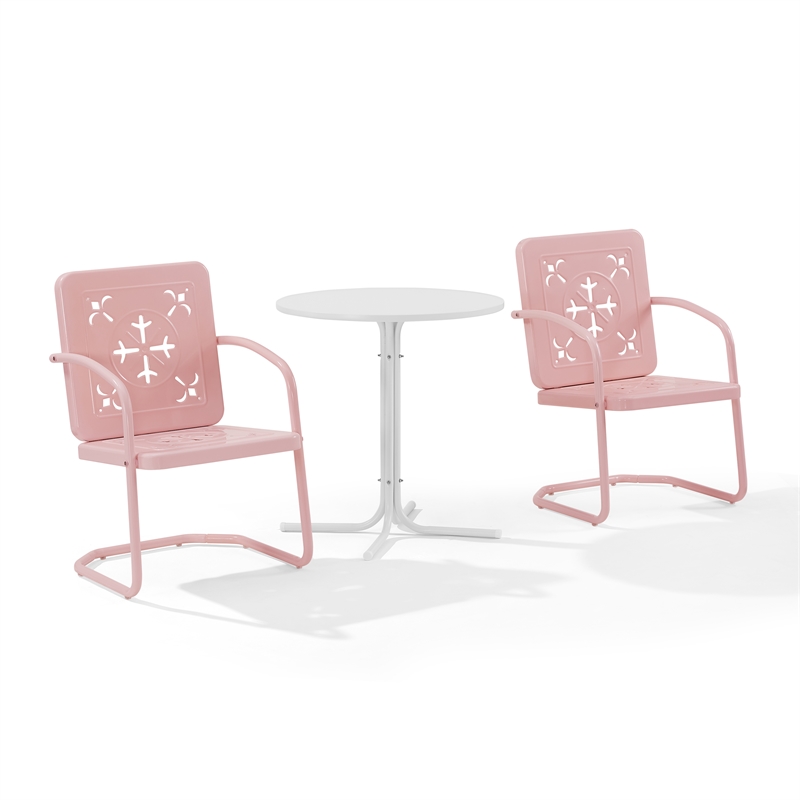 Crosley Furniture Azalea 3Pc Retro Outdoor Bistro Set in Pink Gloss/White Satin