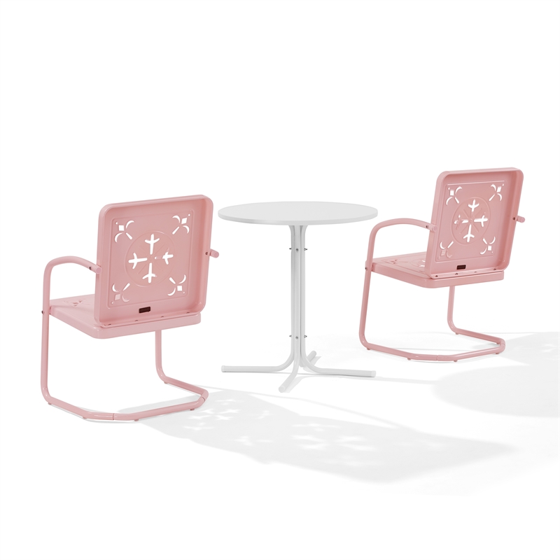 Crosley Furniture Azalea 3Pc Retro Outdoor Bistro Set in Pink Gloss/White Satin