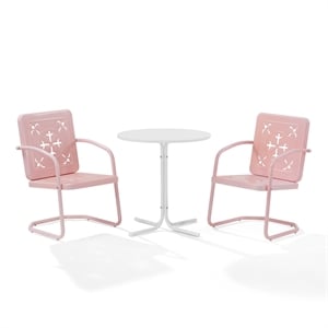 Crosley Furniture Azalea 3Pc Retro Outdoor Bistro Set in Pink Gloss/White Satin