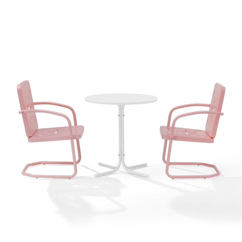 Crosley Furniture Azalea 3Pc Retro Outdoor Bistro Set in Pink Gloss/White Satin