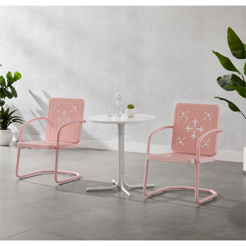 Crosley Furniture Azalea 3Pc Retro Outdoor Bistro Set in Pink Gloss/White Satin