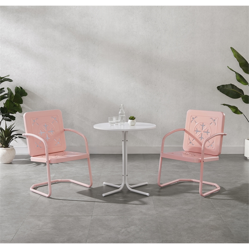 Crosley Furniture Azalea 3Pc Retro Outdoor Bistro Set in Pink Gloss/White Satin