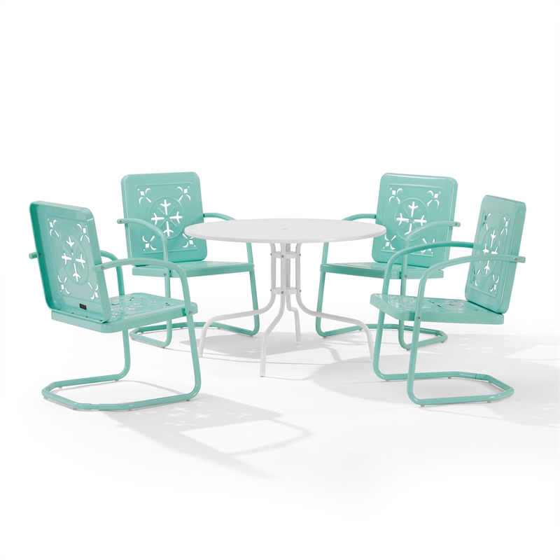 Crosley Furniture Azalea 5Pc Round Retro Outdoor Dining Set in Aqua/White Satin