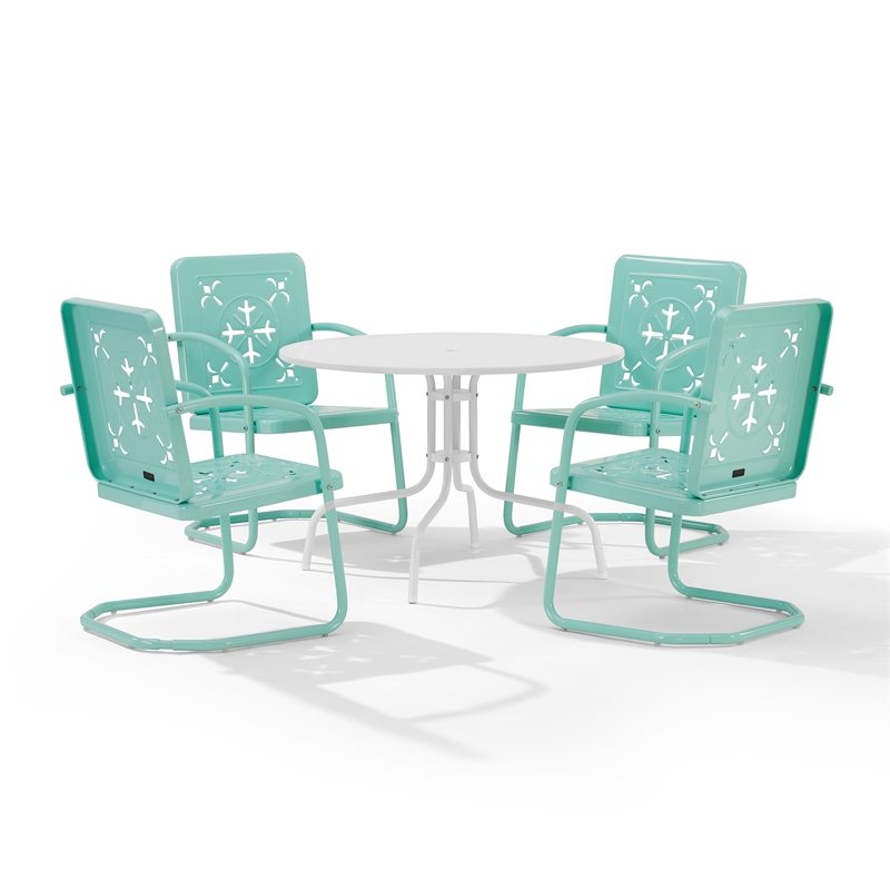 Crosley Furniture Azalea 5Pc Round Retro Outdoor Dining Set in Aqua/White Satin