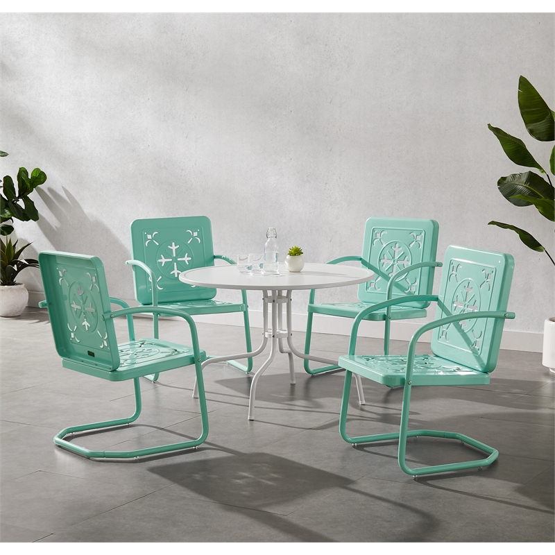 Crosley Furniture Azalea 5Pc Round Retro Outdoor Dining Set in Aqua/White Satin