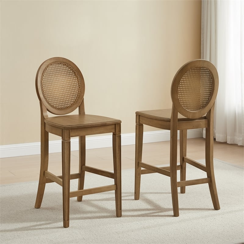Crosley Furniture Katia 2-Piece Cane-Back Counter Stool Set in Driftwood