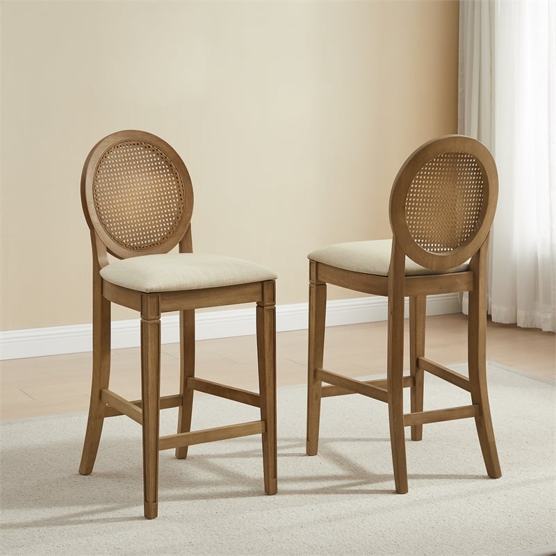Crosley Furniture Katia 2-Pc Upholstered Cane-Back CounterStool Set in Driftwood