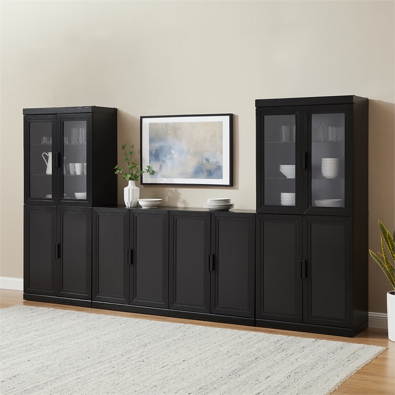 Crosley Furniture Essen 3-Piece Sideboard And Glass Door Pantry Set in Black