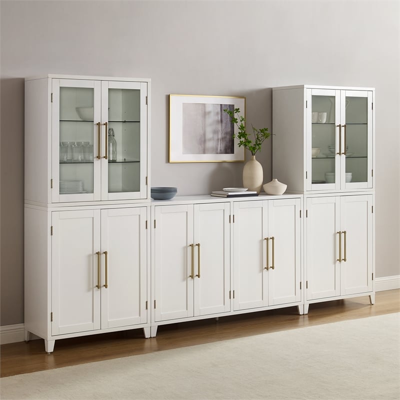 Crosley Furniture Roarke 3Pc Sideboard & Pantry Set W/Glass Door Hutch in White