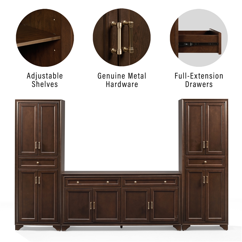 Crosley Tara 3-Piece Sideboard And Pantry Set in Brown
