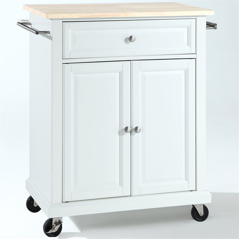 Crosley Furniture Natural Wood Top Portable Kitchen Cart in White