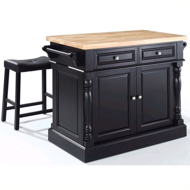 Crosley Furniture Oxford Wood Kitchen Island with Saddle Stools in Black