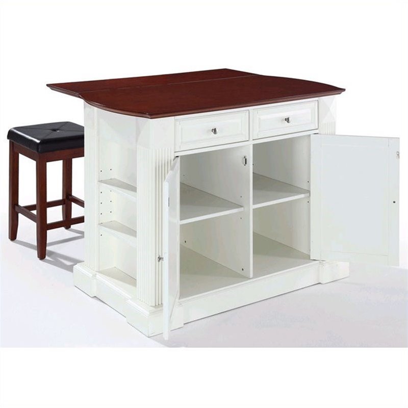 Crosley Coventry Drop Leaf Kitchen Island with Square Stools in White