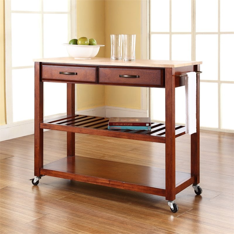 Crosley 2 Drawer Natural Wood Top Kitchen Cart in Cherry Cymax Business