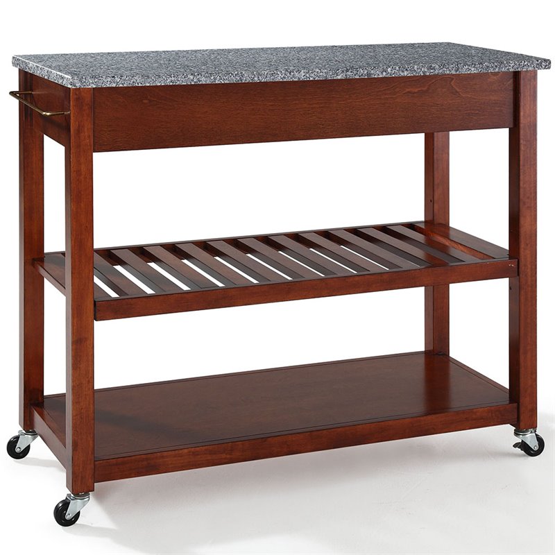 Alexandria Solid Black Granite Top Portable Kitchen Island in Classic  Cherry Finish