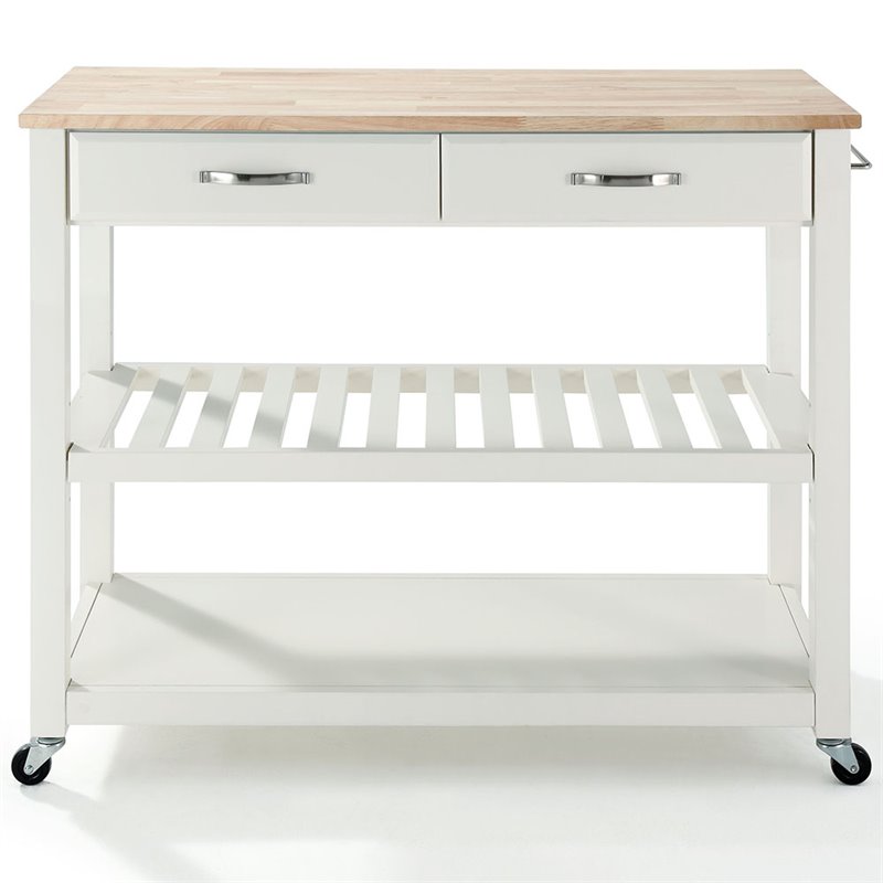Crosley 2 Drawer Natural Wood Top Kitchen Cart in White
