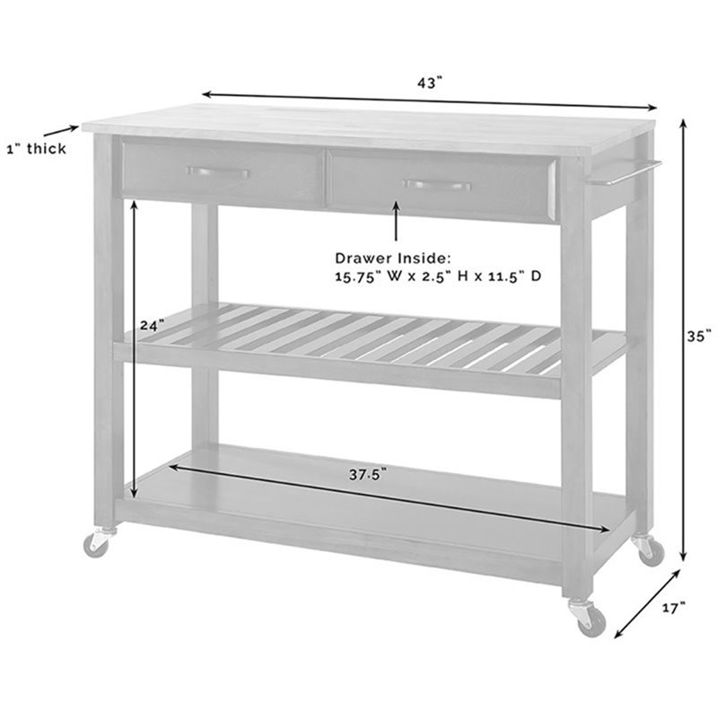 Crosley 2 Drawer Natural Wood Top Kitchen Cart in White