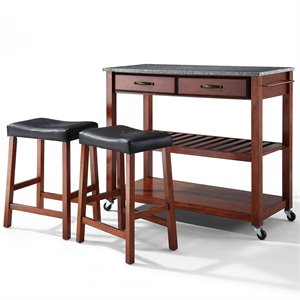 Crosley Furniture Solid Granite Top Kitchen Cart/Island with Stools in Classic Cherry